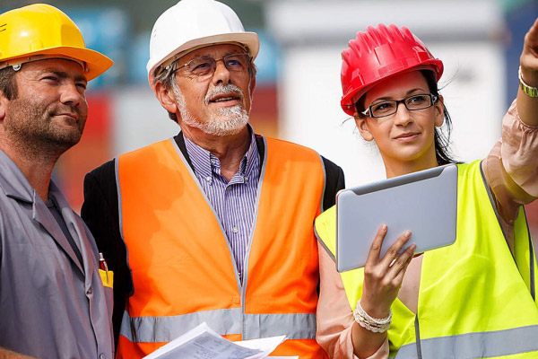 Integrantes da CIPA usam capacetes e coletes de segurança enquanto analisam informações em obra, reforçando prevenção de riscos e segurança no trabalho.