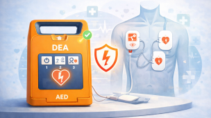 Desfibrilador externo automático com eletrodos conectados ao tórax ilustrado, destacando proteção, resposta rápida e segurança em emergências cardíacas.