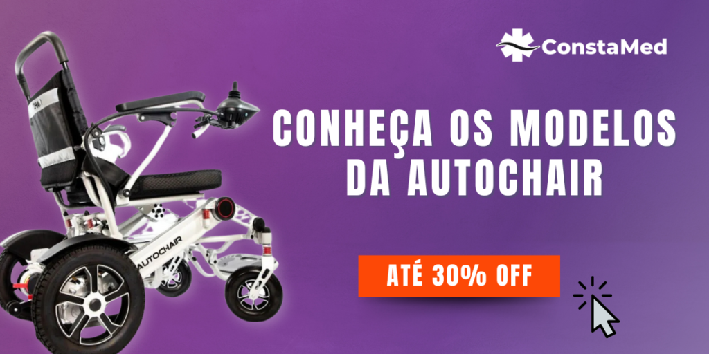 imagem promocional demonstra uma cadeira de rodas motorizada da marca AutoChair e uma chamada para conhecer os modelos da AutoChair com descontos de até 30%