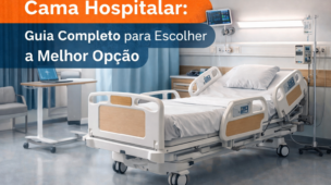 Cama hospitalar moderna em quarto clínico equipado, com grades laterais, monitor e suporte de soro, ilustrando conforto e cuidado ao paciente.