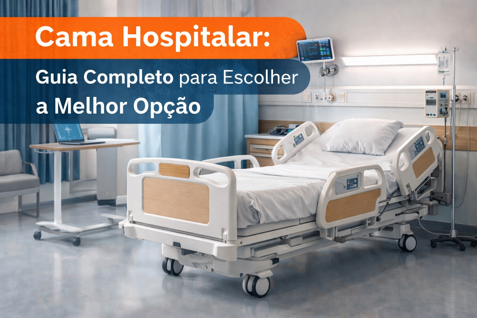 Cama hospitalar moderna em quarto clínico equipado, com grades laterais, monitor e suporte de soro, ilustrando conforto e cuidado ao paciente.