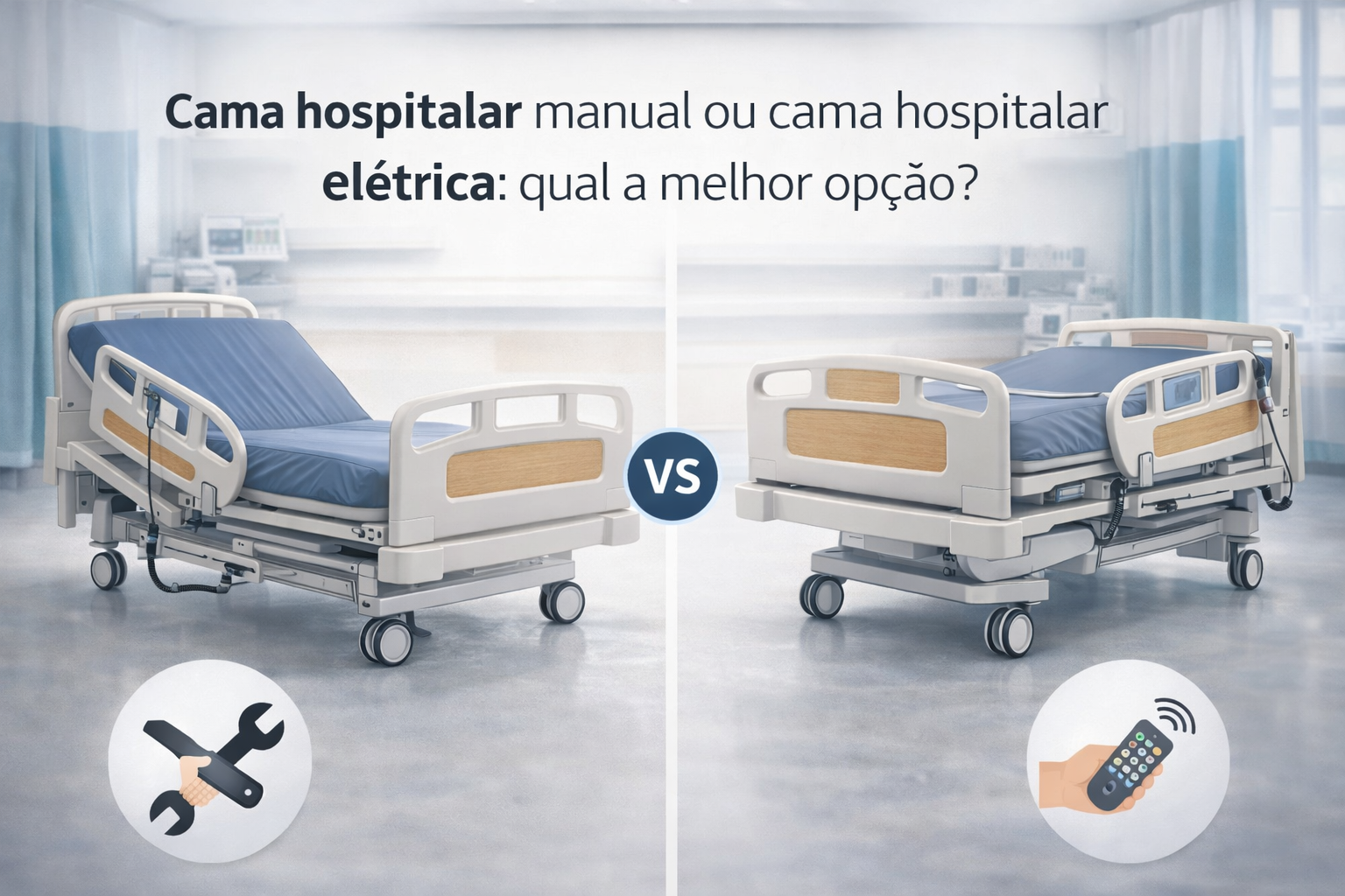 Comparação entre cama hospitalar manual e elétrica em ambiente clínico, destacando ajustes, controles e diferenças para escolha da melhor opção.