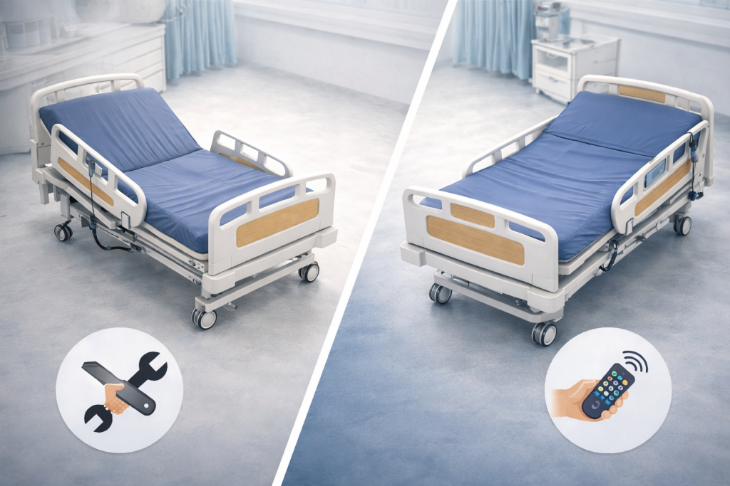 Comparação visual entre cama hospitalar manual e cama hospitalar elétrica em ambiente clínico, evidenciando ajustes manuais e controle remoto.