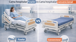 Comparação entre cama hospitalar Fowler, com encosto elevado para maior conforto do paciente, e cama hospitalar convencional em posição plana.