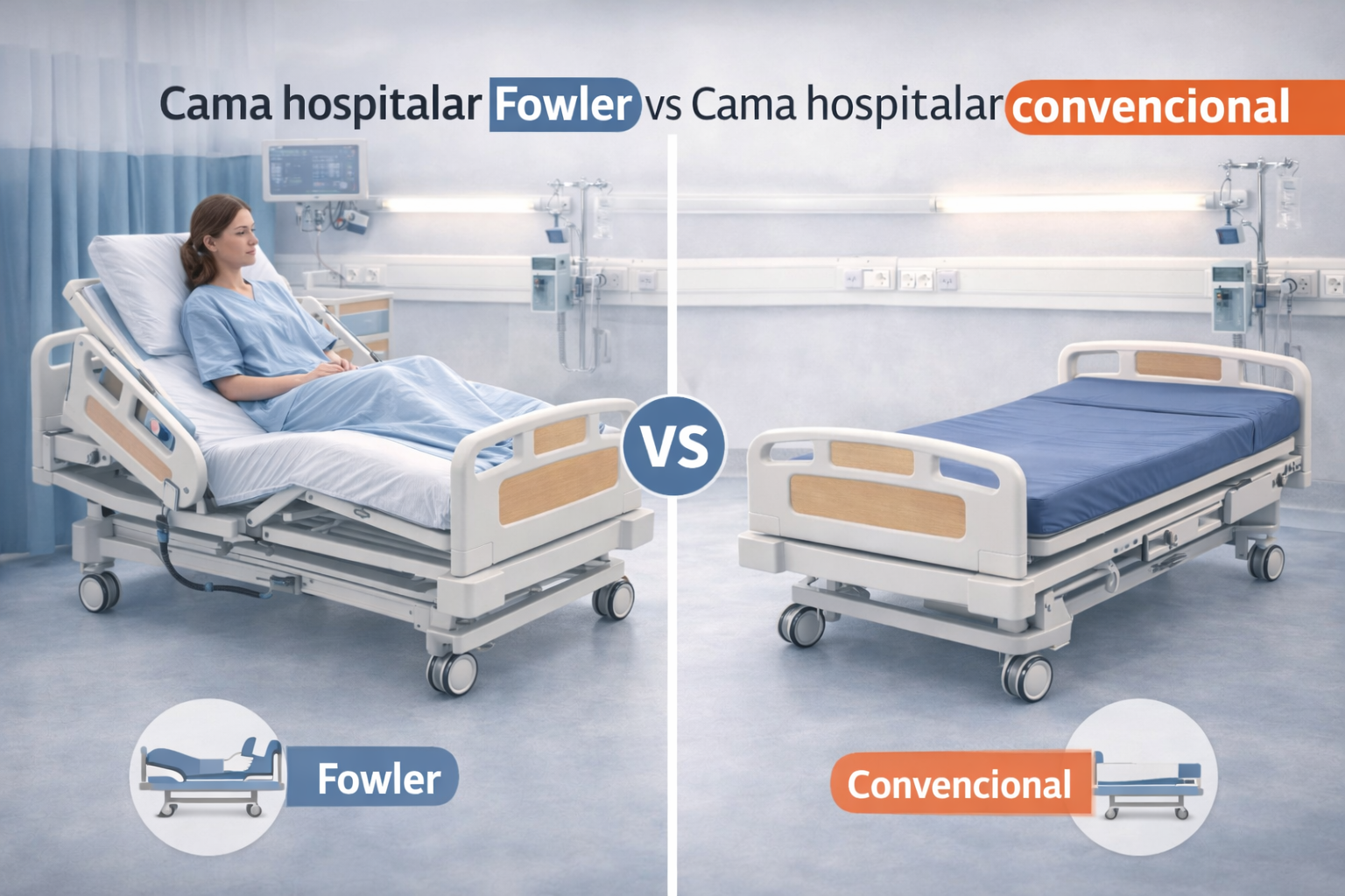 Comparação entre cama hospitalar Fowler, com encosto elevado para maior conforto do paciente, e cama hospitalar convencional em posição plana.