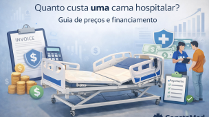 Ilustração de cama hospitalar com elementos financeiros como moedas, notas e checklist, representando custos, preços e opções de financiamento.