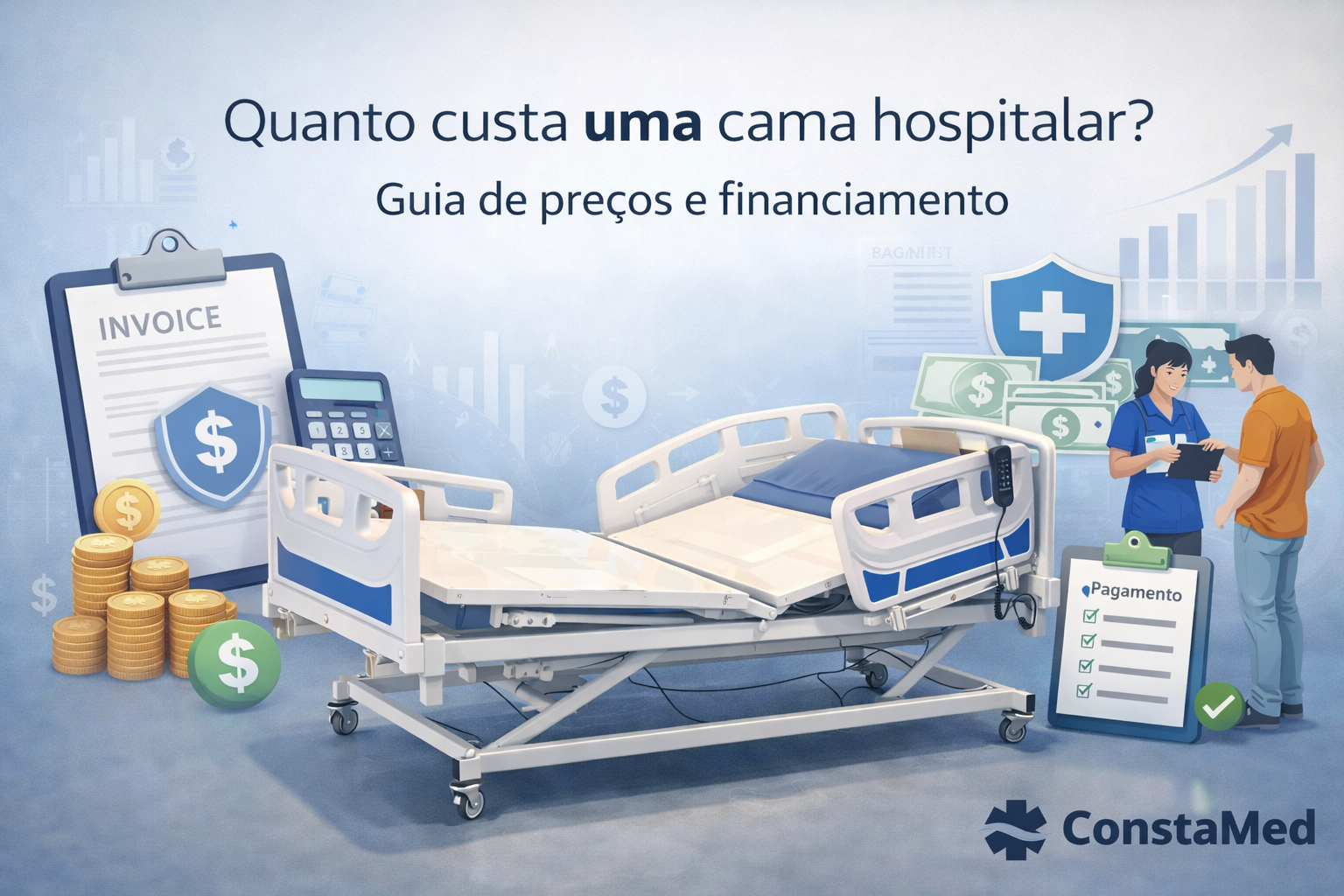 Ilustração de cama hospitalar com elementos financeiros como moedas, notas e checklist, representando custos, preços e opções de financiamento.