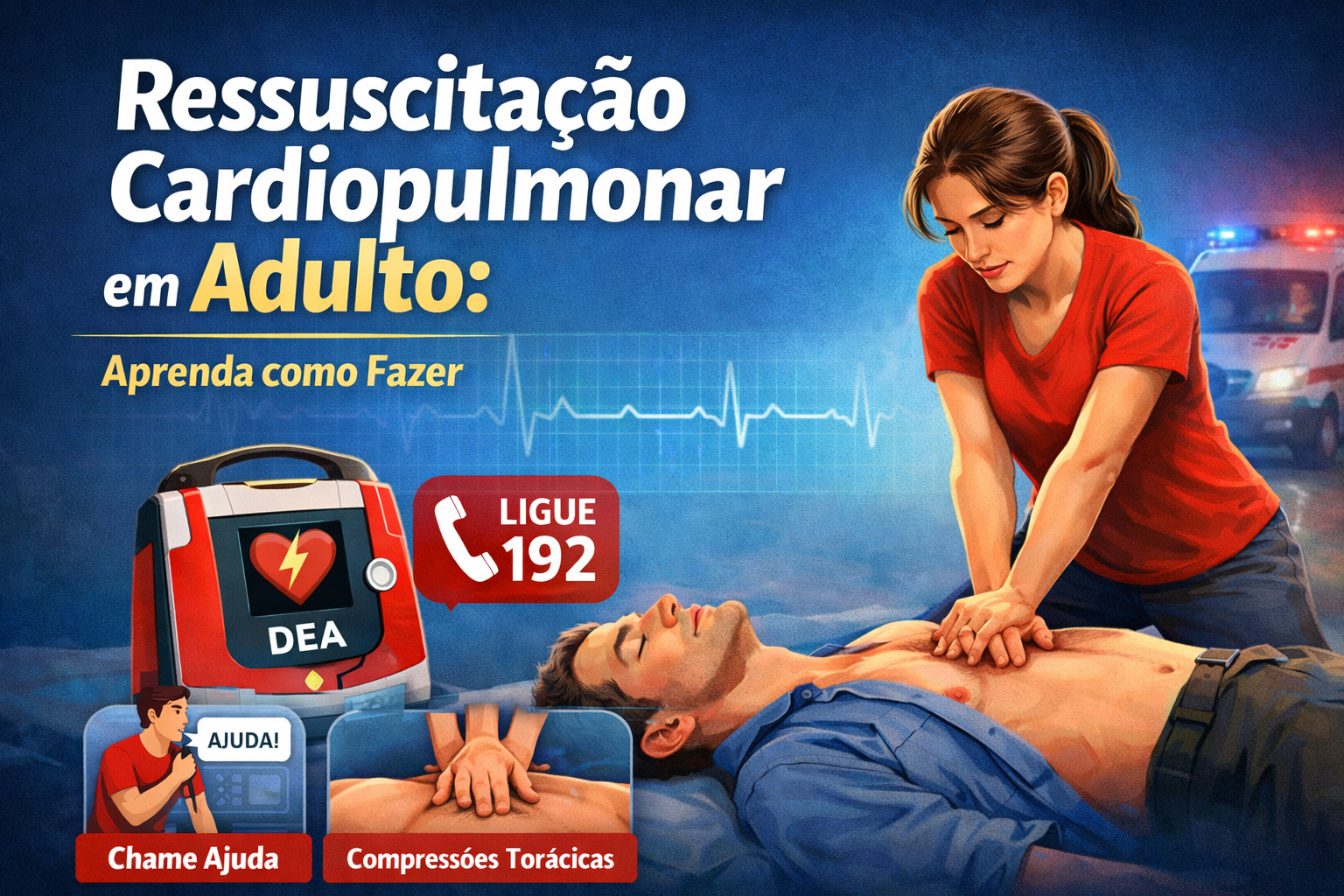 Imagem educativa sobre ressuscitação cardiopulmonar (RCP) em adulto, mostrando compressões torácicas, uso do DEA e orientação para ligar 192 em caso de parada cardiorrespiratória. Essencial em primeiros socorros.