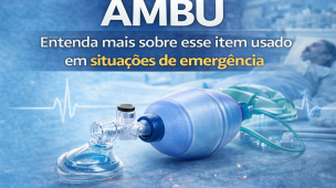 Imagem educativa sobre AMBU (bolsa-válvula-máscara), equipamento utilizado em situações de emergência para ventilação manual. Explica sua função no suporte básico e avançado de vida em casos de parada cardiorrespiratória e insuficiência respiratória.