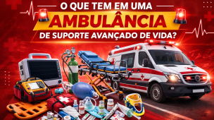 Imagem ilustrativa de ambulância de suporte avançado de vida com maca, monitor multiparamétrico, desfibrilador, cilindro de oxigênio, bolsa de emergência, colar cervical e medicamentos. Destaque para equipamentos utilizados em atendimento pré-hospitalar.