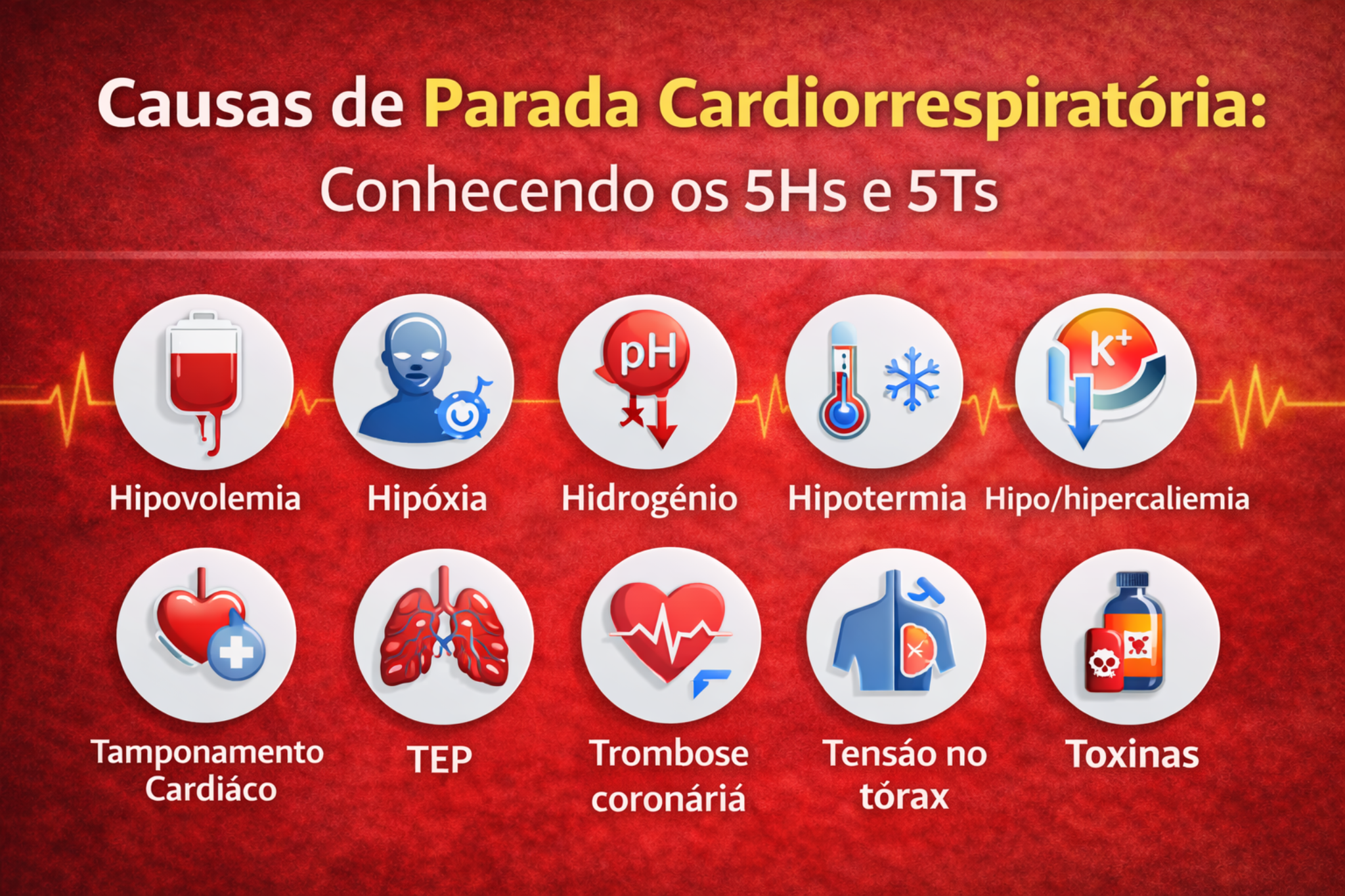 Infográfico educativo sobre as principais causas reversíveis da parada cardiorrespiratória, destacando os 5Hs e 5Ts: hipovolemia, hipóxia, acidose, hipotermia, distúrbios do potássio, tamponamento cardíaco, TEP, trombose coronária, pneumotórax hipertensivo e toxinas.