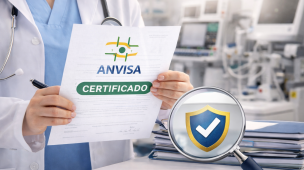 Imagem mostra certificado da ANVISA em ambiente hospitalar, representando regularização e conformidade de produtos para saúde. Documento essencial para comercialização de equipamentos médicos no Brasil.