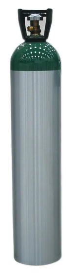 Cilindro de oxigênio medicinal com corpo em alumínio e parte superior verde, equipado com alça e válvula de proteção. Utilizado para armazenamento e fornecimento de oxigênio em ambientes hospitalares e domiciliares.