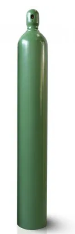 Cilindro de oxigênio verde em posição vertical, utilizado para armazenamento e fornecimento de oxigênio medicinal. Equipamento indicado para hospitais, ambulâncias e oxigenoterapia domiciliar.