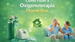 Imagem ilustrativa sobre como realizar oxigenoterapia domiciliar, com cilindro de oxigênio, concentrador e paciente utilizando cânula nasal em casa com acompanhamento profissional de saúde.