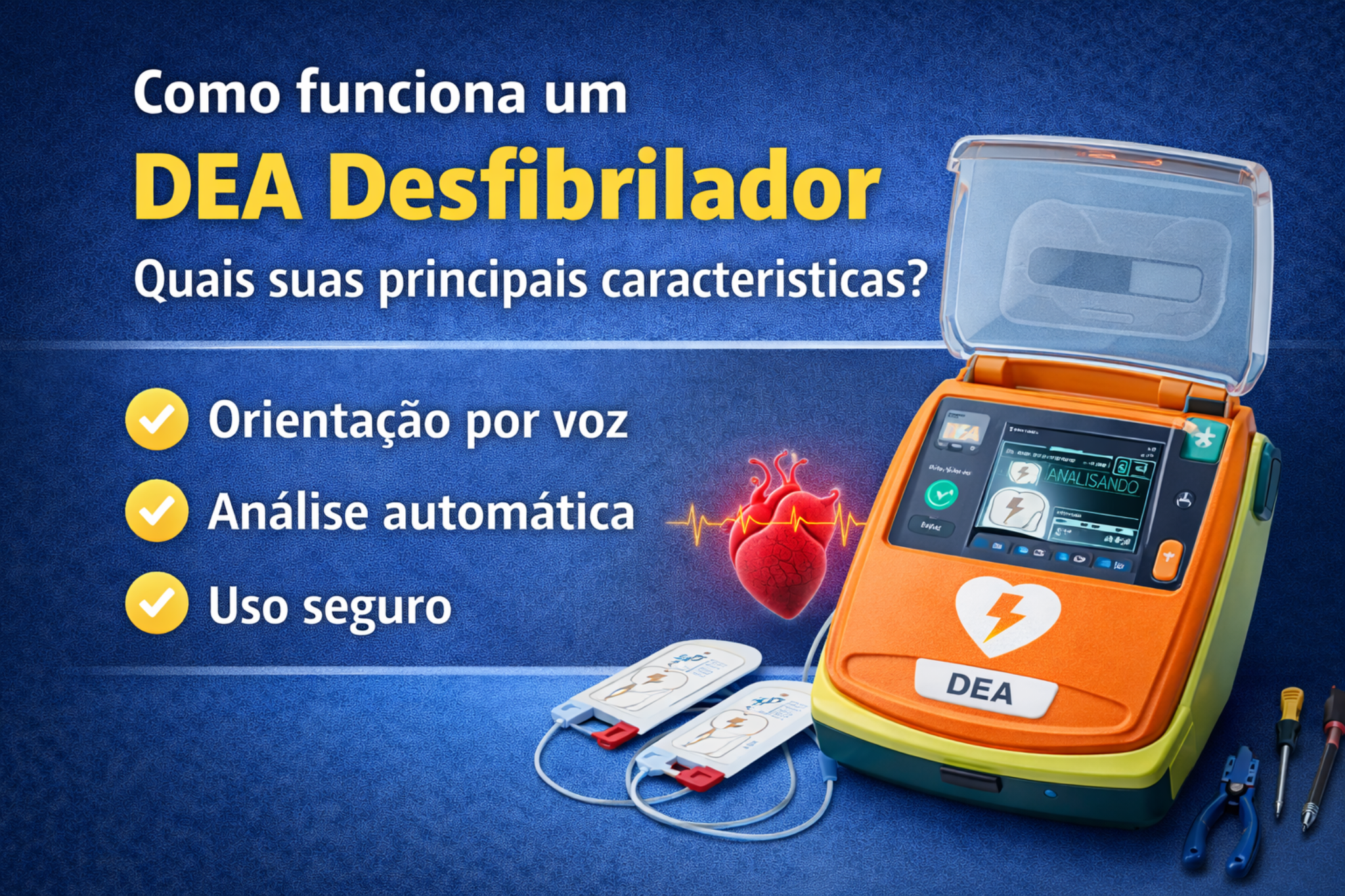 Imagem explicativa sobre como funciona o DEA desfibrilador, destacando orientação por voz, análise automática do ritmo cardíaco e uso seguro. Equipamento essencial para atendimento em parada cardiorrespiratória.