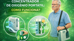 Imagem explicativa sobre concentrador de oxigênio portátil, mostrando idoso utilizando cânula nasal e ilustrações do funcionamento interno do equipamento. Destaque para fluxo de ar, bateria e uso na oxigenoterapia domiciliar.