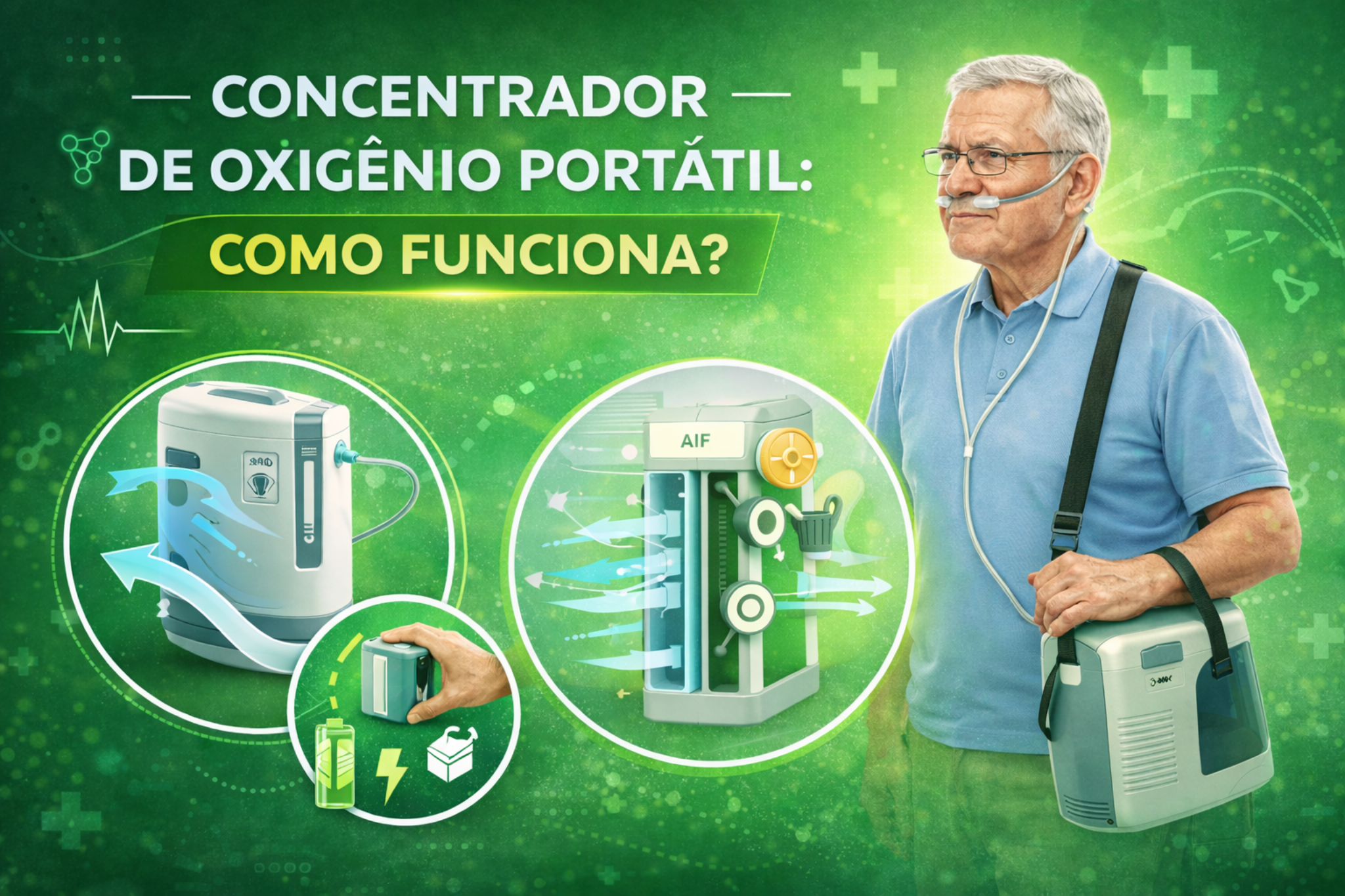 Imagem explicativa sobre concentrador de oxigênio portátil, mostrando idoso utilizando cânula nasal e ilustrações do funcionamento interno do equipamento. Destaque para fluxo de ar, bateria e uso na oxigenoterapia domiciliar.