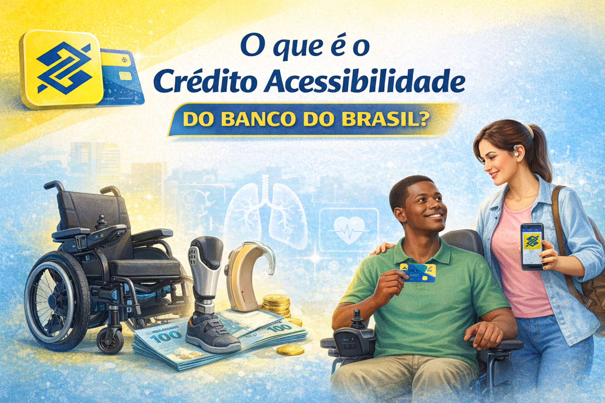Imagem explica o que é o Crédito Acessibilidade do Banco do Brasil, voltado à compra de cadeira de rodas, próteses e equipamentos assistivos. Linha de crédito para inclusão e autonomia da pessoa com deficiência.