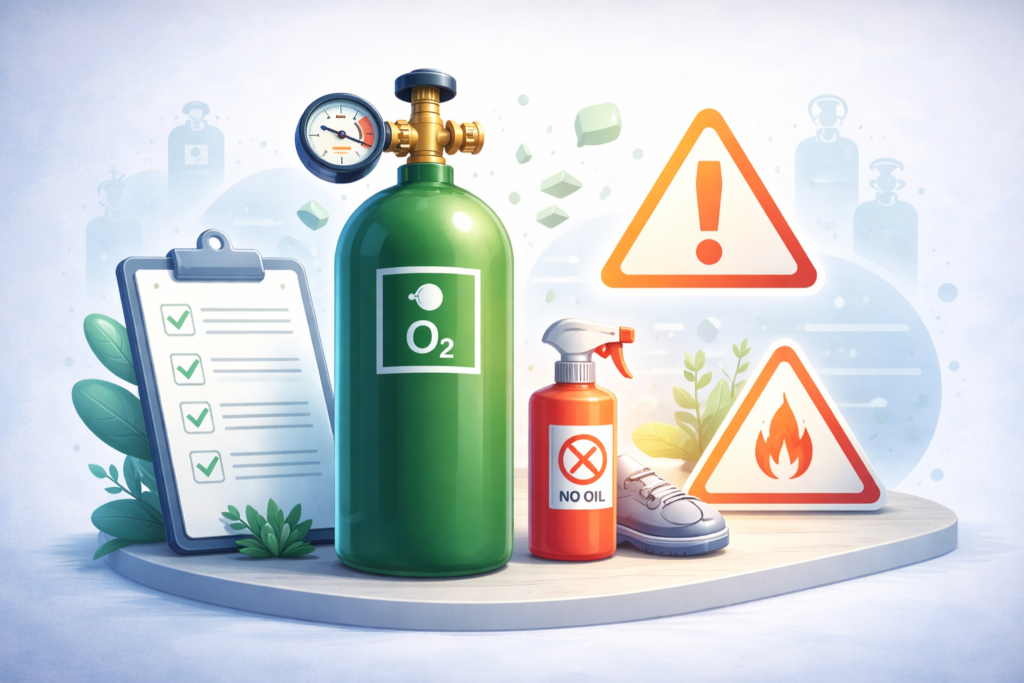 Ilustração educativa sobre cuidados e segurança no uso de cilindro de oxigênio medicinal. Destaca alerta de inflamabilidade, proibição de óleo ou graxa, checklist de inspeção e orientações para armazenamento seguro e prevenção de acidentes.