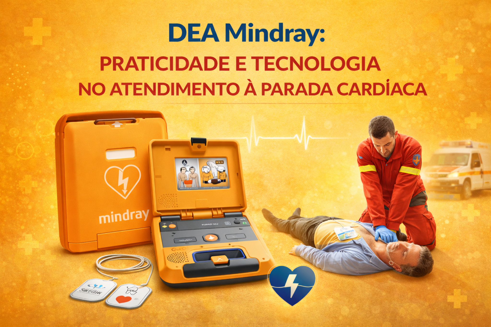 Imagem promocional do DEA Mindray destacando praticidade e tecnologia no atendimento à parada cardíaca. Mostra desfibrilador aberto com eletrodos e profissional realizando reanimação cardiopulmonar em vítima no solo.
