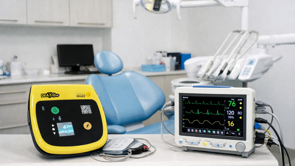 Desfibrilador automático externo e monitor multiparamétrico posicionados em consultório médico, com cadeira odontológica ao fundo. Equipamentos utilizados para monitoramento de sinais vitais e atendimento a emergências clínicas.
