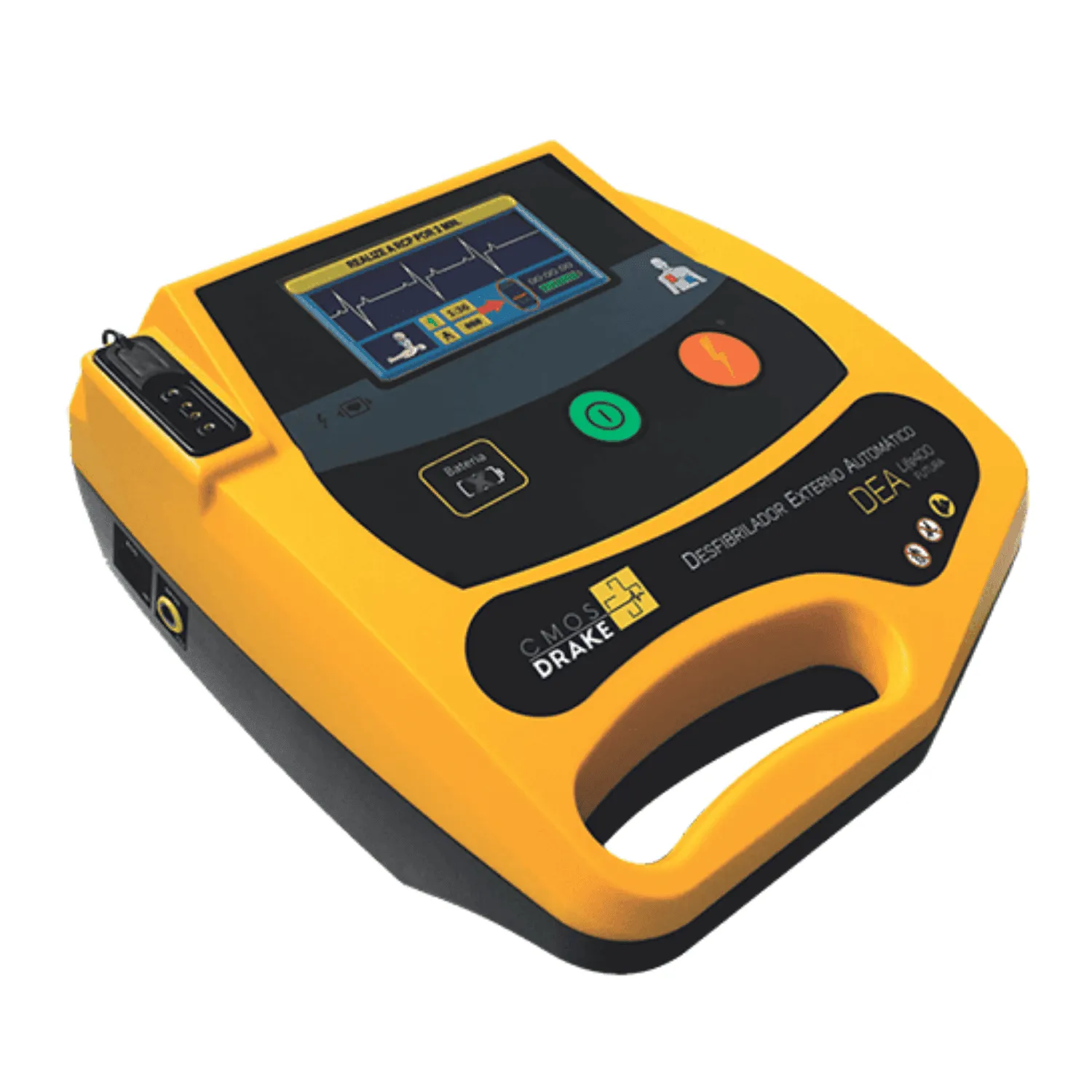 Desfibrilador Externo Automático (DEA) portátil na cor amarela com visor digital e botões de operação. Equipamento utilizado para atendimento rápido em casos de parada cardiorrespiratória, indicado para ambientes públicos e hospitalares.