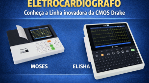 Imagem destaca eletrocardiógrafo da linha CMOS Drake, modelos Moses e Elisha, para exame de ECG. Equipamentos modernos para monitoramento da atividade elétrica do coração em clínicas e hospitais.