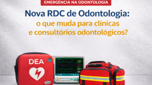 Imagem informativa sobre emergência na odontologia e nova RDC, com desfibrilador DEA, monitor multiparamétrico e bolsa de primeiros socorros. Destaca mudanças regulatórias para clínicas e consultórios odontológicos.