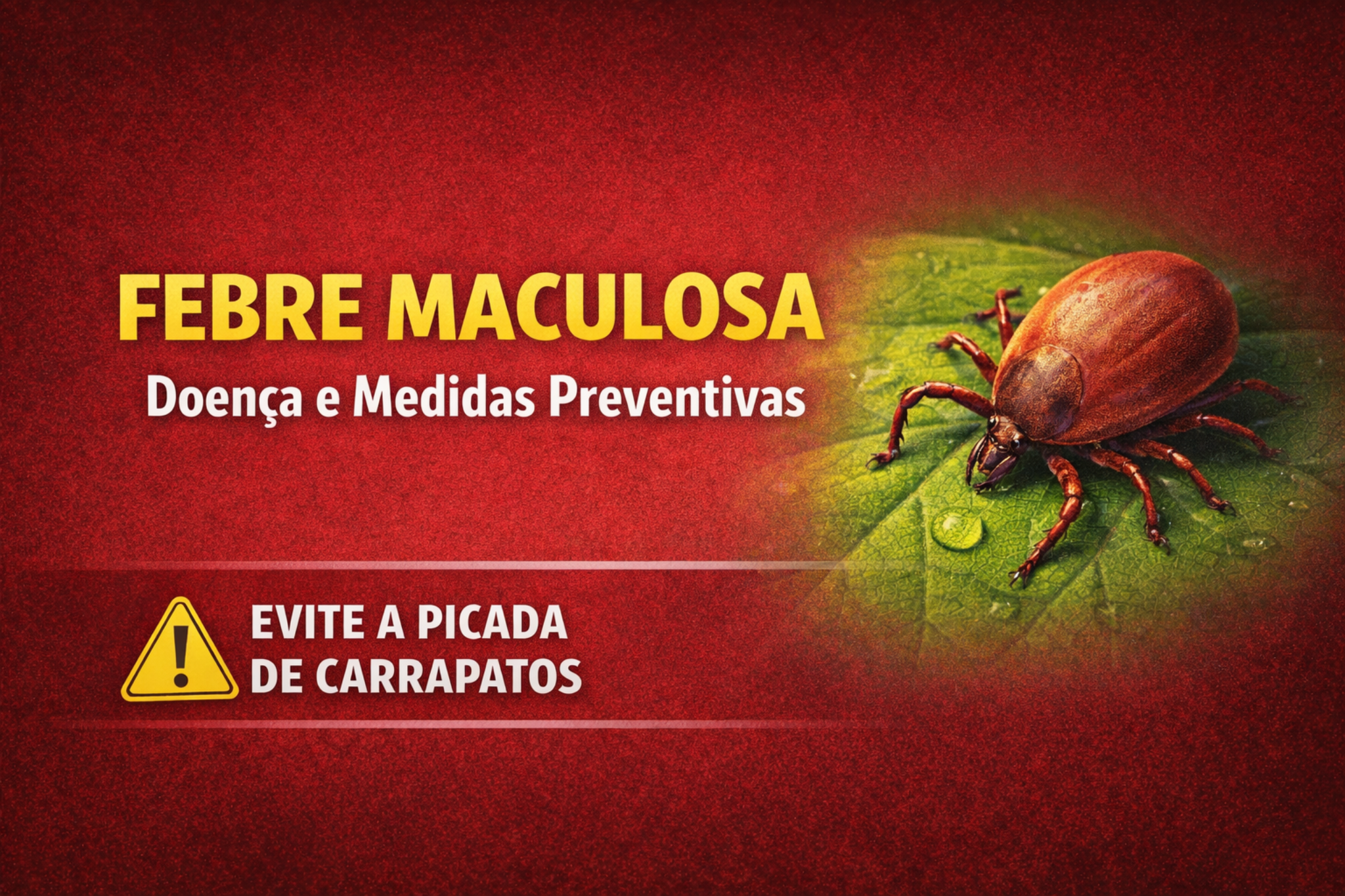Imagem informativa sobre febre maculosa, destacando doença, medidas preventivas e risco de picada de carrapato. Alerta para prevenção e cuidados em áreas com presença de carrapatos transmissores.