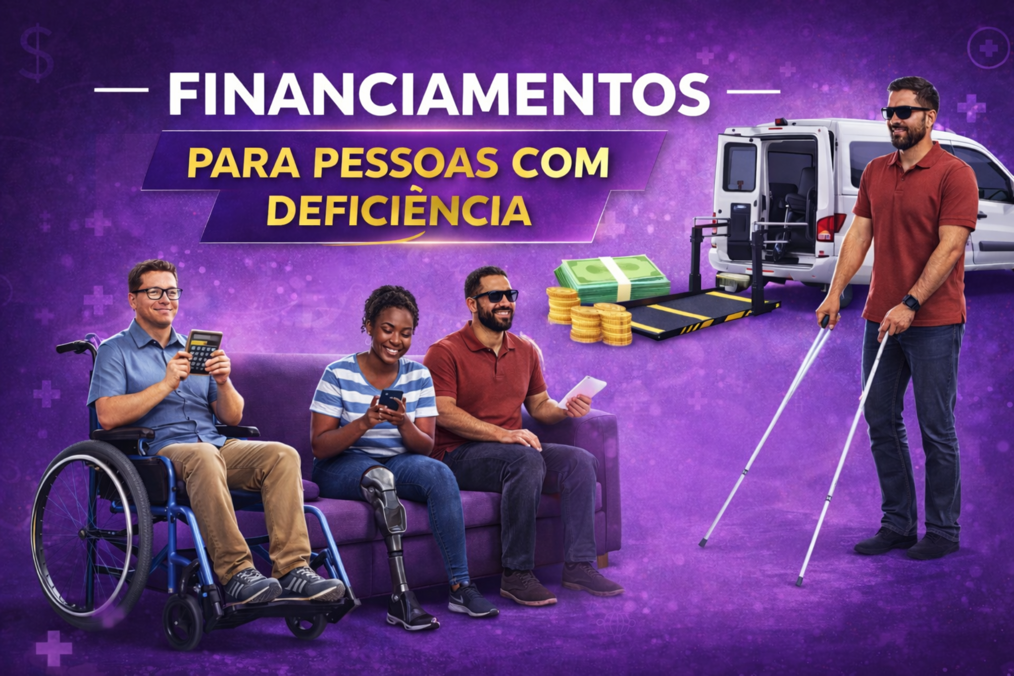 Arte informativa sobre financiamentos para pessoas com deficiência, mostrando cadeirante, pessoa com prótese e homem com bengala, além de veículo adaptado, dinheiro e símbolos financeiros. Representa inclusão, acessibilidade e crédito facilitado.
