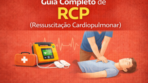 Imagem ilustrativa mostra procedimento de RCP com compressões torácicas em adulto deitado no chão. Ao lado, desfibrilador externo automático (DEA) e kit de primeiros socorros reforçam o contexto de emergência e atendimento imediato.