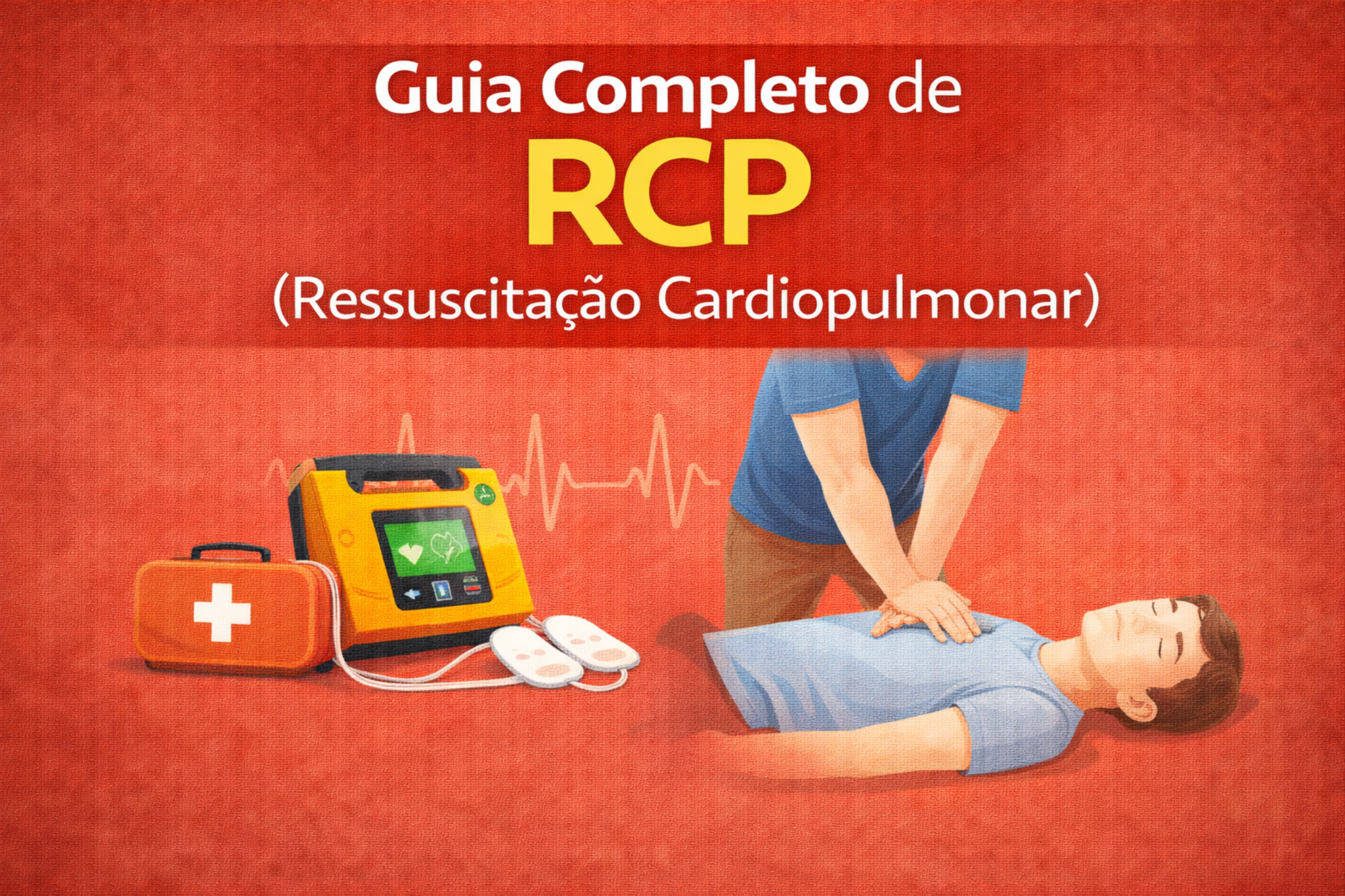 Imagem ilustrativa mostra procedimento de RCP com compressões torácicas em adulto deitado no chão. Ao lado, desfibrilador externo automático (DEA) e kit de primeiros socorros reforçam o contexto de emergência e atendimento imediato.