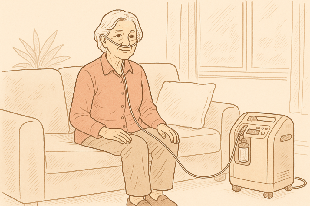 Ilustração de idosa utilizando concentrador de oxigênio em casa, recebendo oxigenoterapia domiciliar por meio de cânula nasal, destacando o uso contínuo do suporte respiratório para tratamento de doenças pulmonares crônicas com segurança e conforto.
