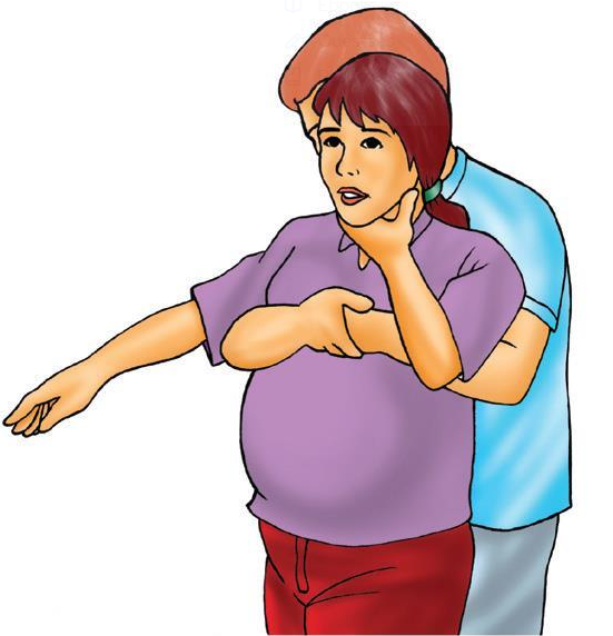 Ilustração demonstra adaptação da manobra de Heimlich em gestante, com compressões realizadas na região torácica em vez do abdômen. Técnica de primeiros socorros indicada para casos de engasgamento em mulheres grávidas.