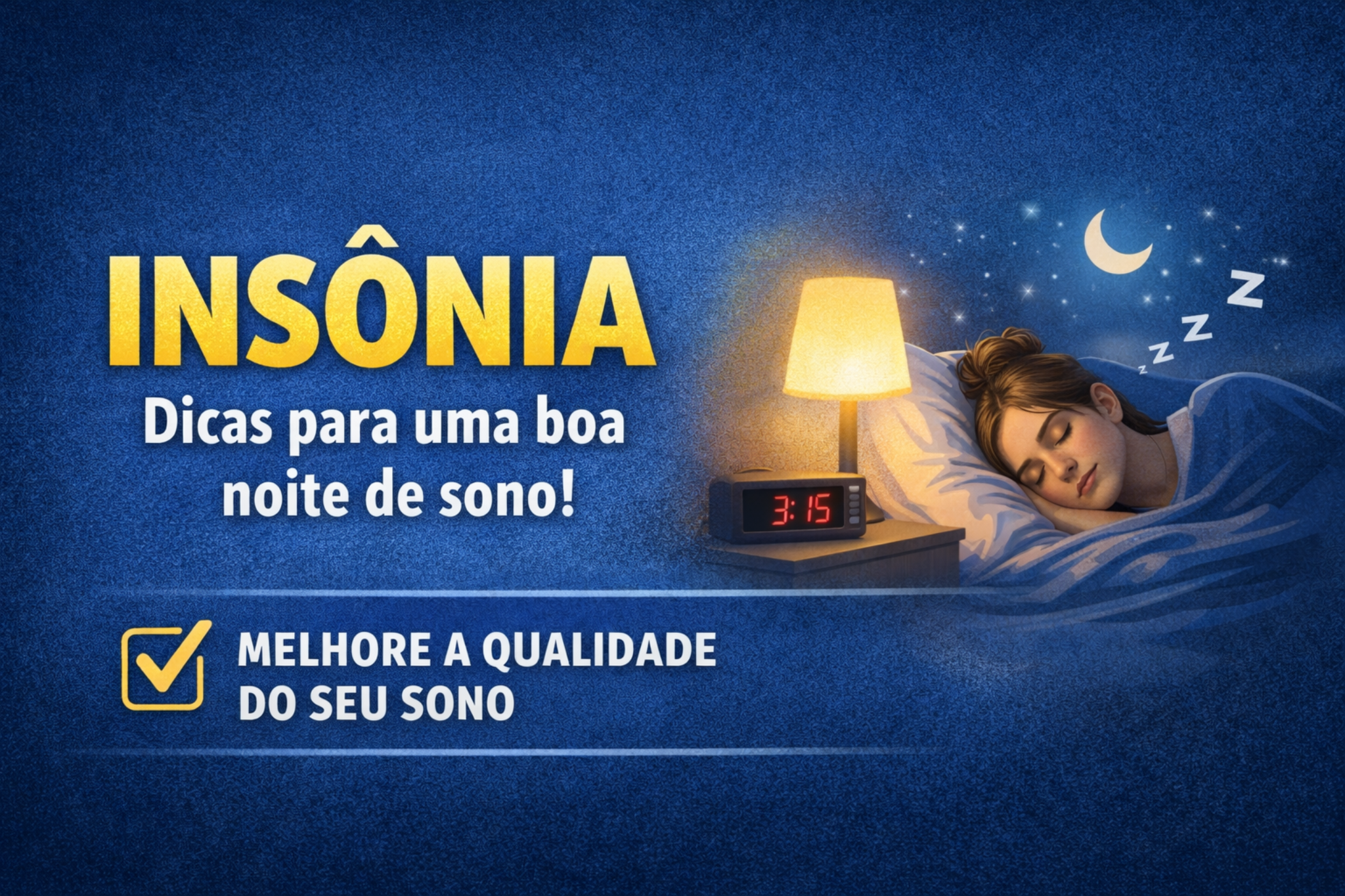 Imagem sobre insônia com dicas para uma boa noite de sono. Ilustra melhora da qualidade do sono e hábitos saudáveis para dormir melhor, reduzindo dificuldades para adormecer e acordar durante a noite.