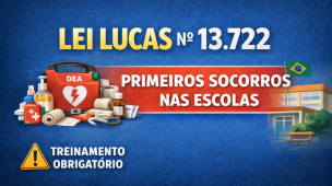 Imagem sobre a Lei Lucas nº 13.722, que torna obrigatório o treinamento em primeiros socorros nas escolas. Destaque para kit de emergência e DEA, reforçando a importância da capacitação para atendimento rápido.