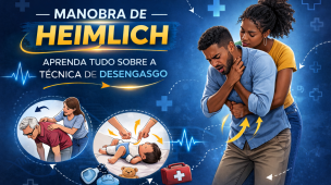 Arte educativa sobre a manobra de Heimlich, mostrando aplicação da técnica de desengasgo em adulto, além de ilustrações com orientações para idosos e bebês. Destaque para compressões abdominais e primeiros socorros em caso de obstrução das vias aéreas.