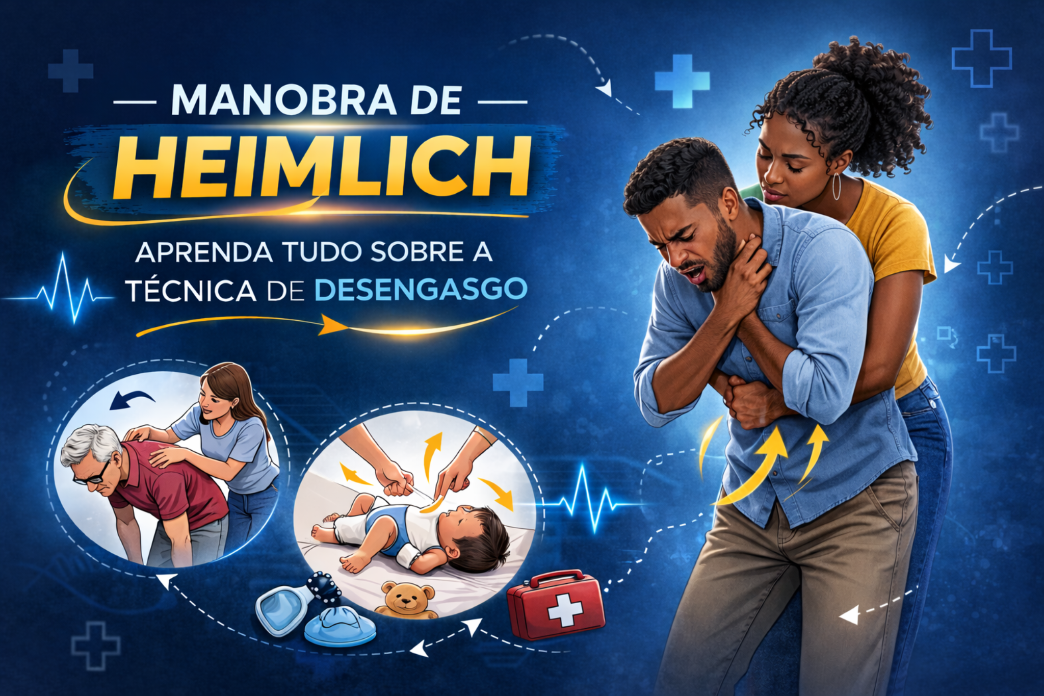 Arte educativa sobre a manobra de Heimlich, mostrando aplicação da técnica de desengasgo em adulto, além de ilustrações com orientações para idosos e bebês. Destaque para compressões abdominais e primeiros socorros em caso de obstrução das vias aéreas.