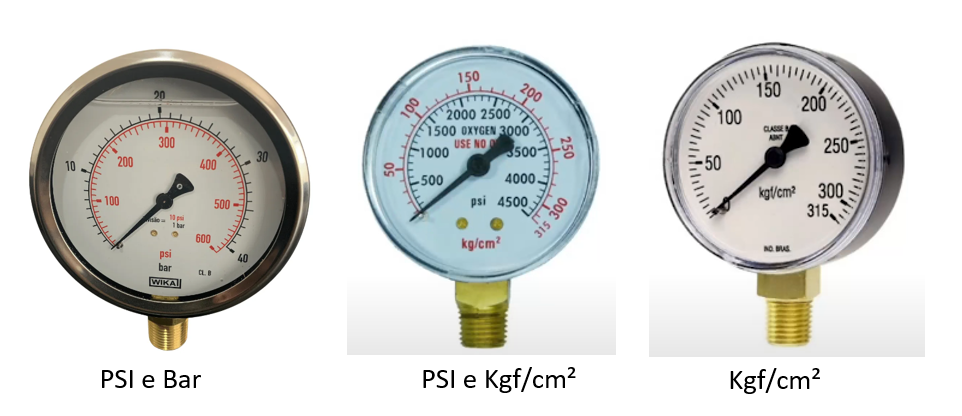 Imagem comparativa de manômetros industriais com diferentes unidades de medida de pressão: PSI e Bar, PSI e kgf/cm² e apenas kgf/cm². Ideal para entender as escalas utilizadas em cilindros de oxigênio e sistemas de gases medicinais.