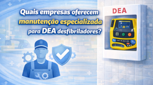 Imagem aborda empresas que oferecem manutenção especializada para DEA desfibriladores, destacando assistência técnica e inspeção preventiva. Serviço essencial para garantir funcionamento em emergências.