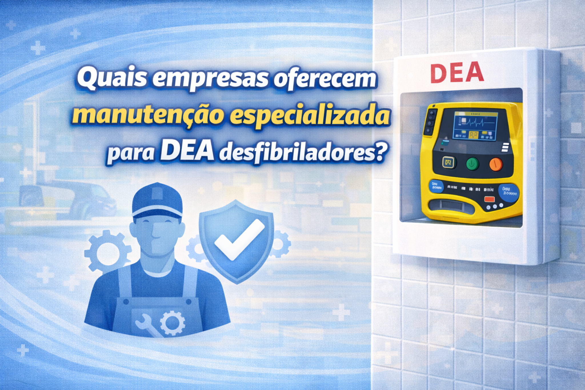 Imagem aborda empresas que oferecem manutenção especializada para DEA desfibriladores, destacando assistência técnica e inspeção preventiva. Serviço essencial para garantir funcionamento em emergências.