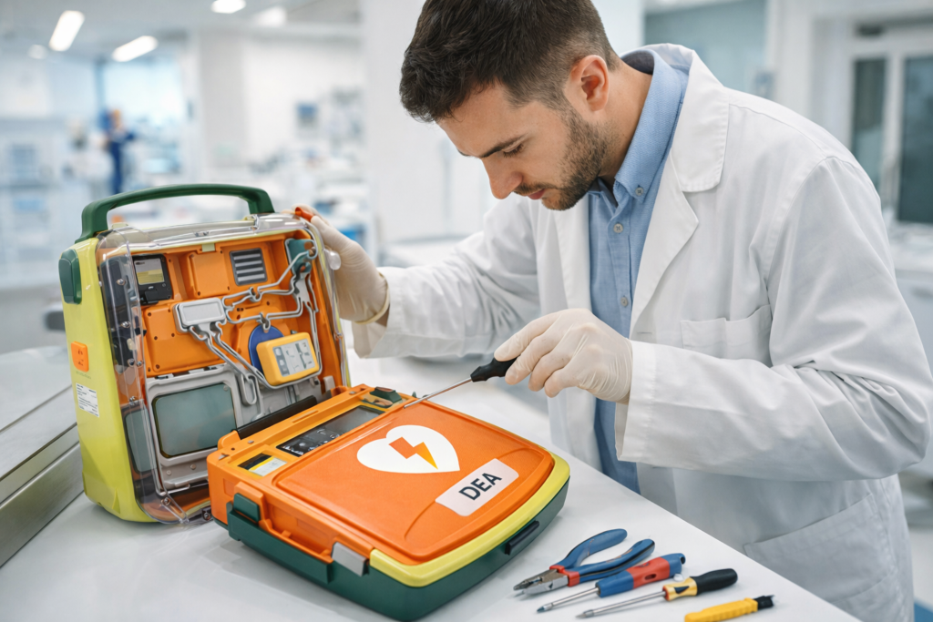 Técnico realiza manutenção técnica em DEA desfibrilador em laboratório especializado, verificando componentes internos e garantindo o funcionamento seguro do equipamento para emergências cardíacas.