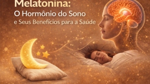 Imagem ilustrativa sobre melatonina, o hormônio do sono, mostrando cérebro em destaque e pessoa dormindo. Representa os benefícios da melatonina para a qualidade do sono e a saúde geral.