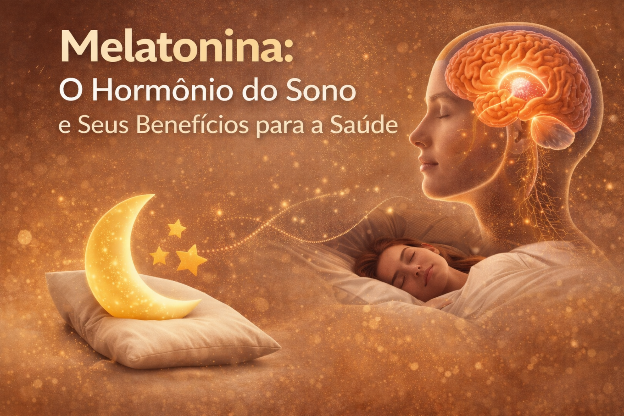 Imagem ilustrativa sobre melatonina, o hormônio do sono, mostrando cérebro em destaque e pessoa dormindo. Representa os benefícios da melatonina para a qualidade do sono e a saúde geral.