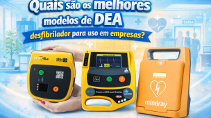 Imagem apresenta melhores modelos de DEA desfibrilador para uso em empresas, destacando equipamentos indicados para cardioproteção e atendimento rápido em casos de parada cardiorrespiratória.