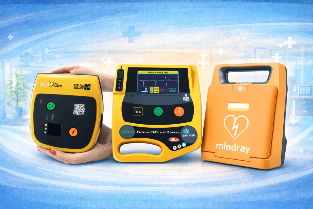 Imagem apresenta modelos de DEA (desfibrilador externo automático) para atendimento de emergência em parada cardiorrespiratória. Equipamentos indicados para empresas, hospitais e locais públicos com foco em cardioproteção.