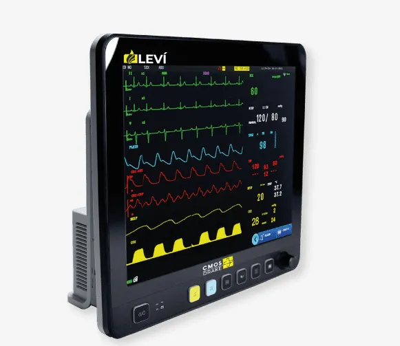 Monitor multiparamétrico LEVÍ da CMOS Drake exibindo sinais vitais como ECG, frequência cardíaca, pressão arterial e saturação de oxigênio. Equipamento hospitalar utilizado para monitoramento contínuo de pacientes.
