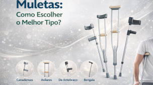 Imagem informativa sobre tipos de muletas, incluindo canadenses, axilares, de antebraço e bengala. Apresenta diferentes modelos para auxiliar na mobilidade e recuperação de lesões.