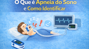 Ilustração de homem dormindo com máscara CPAP conectada a monitor cardíaco e oxímetro. A imagem destaca sinais da apneia do sono e mostra equipamentos usados para diagnóstico e acompanhamento durante o sono.